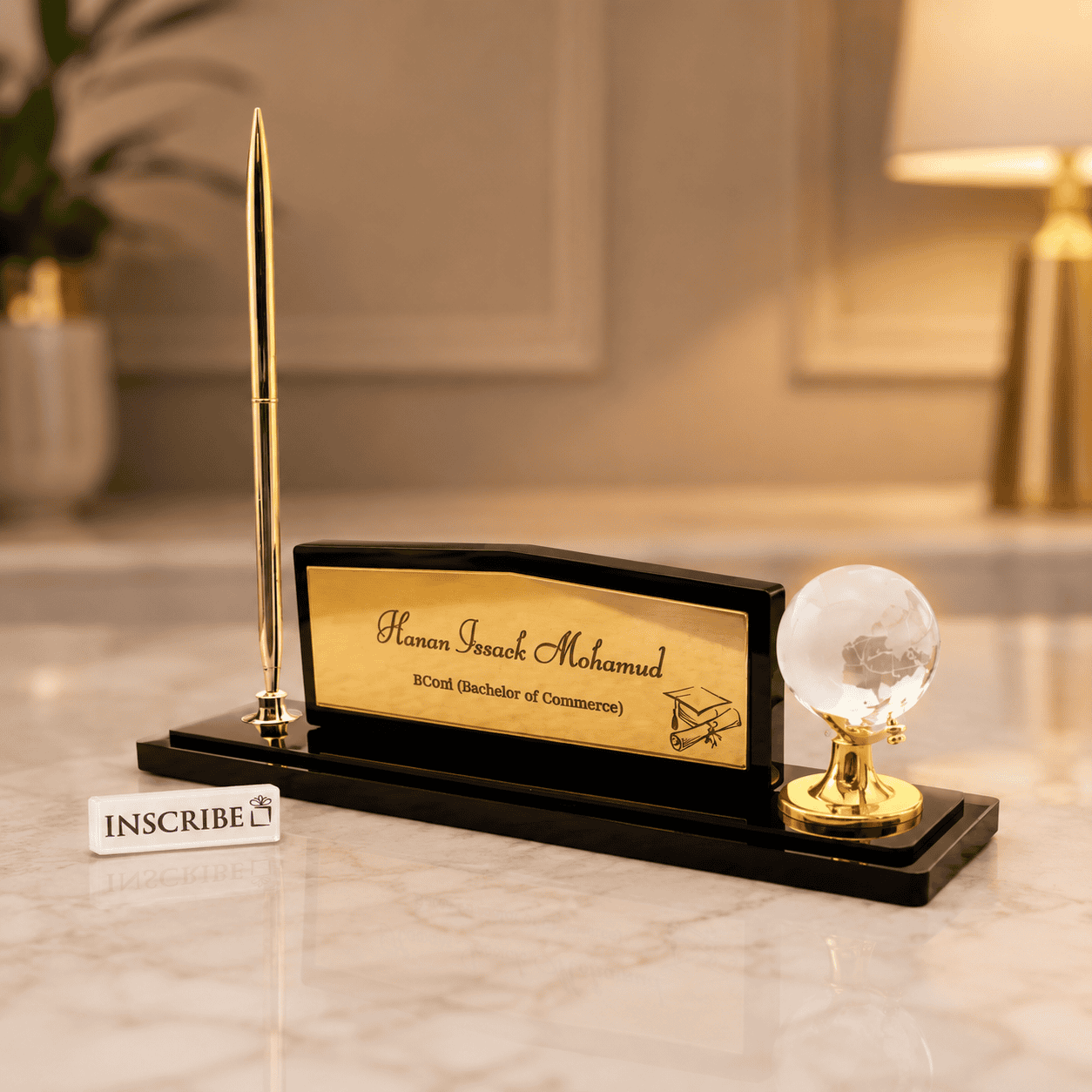 Executive Desk Name Plate with Pen & Crystal Globe