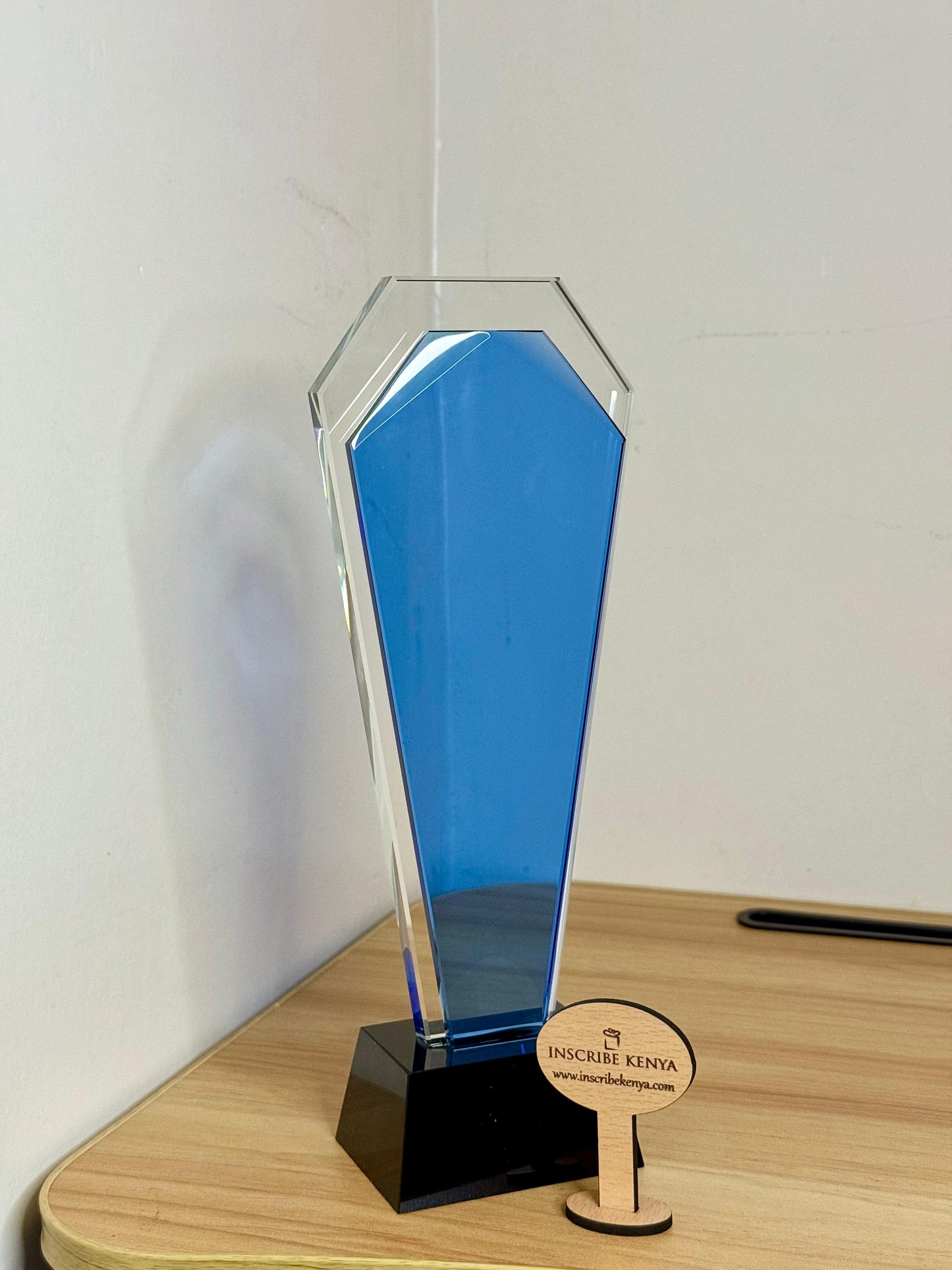 Diamond top Blue glass crystal award trophy