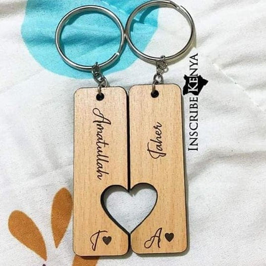 Couple Keychain Wooden Heart Cut