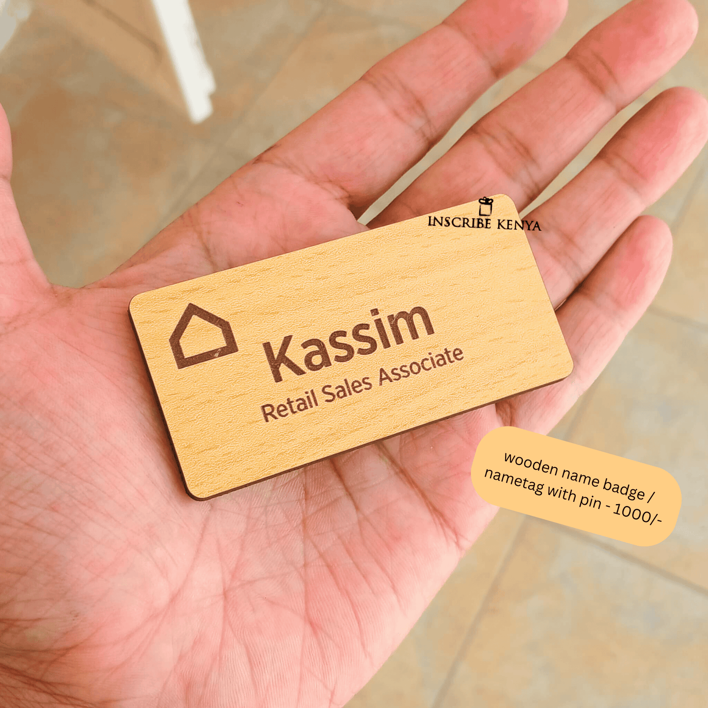 wooden name badge/nametag with pin