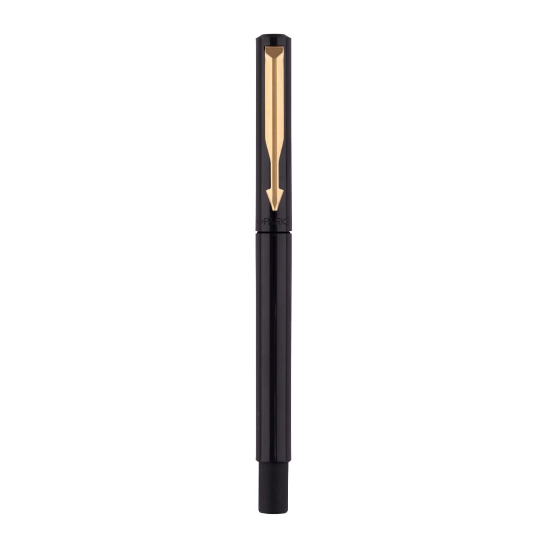 Parker Vector Standard | Roller Ball Pen | Gold Trim | Refillable (Body Colour - Black, 1 Count, Pack of 1, Ink - Blue)