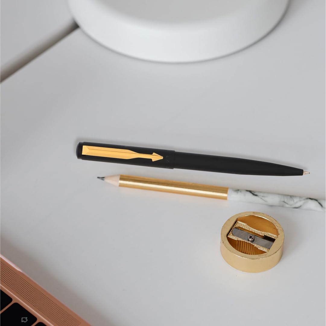 Parker Vector Matte Black Gold Trim Ball Pen | Ink Color - Blue