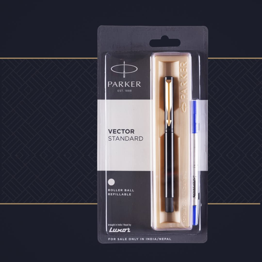 Parker Vector Standard | Roller Ball Pen | Gold Trim | Refillable (Body Colour - Black, 1 Count, Pack of 1, Ink - Blue)