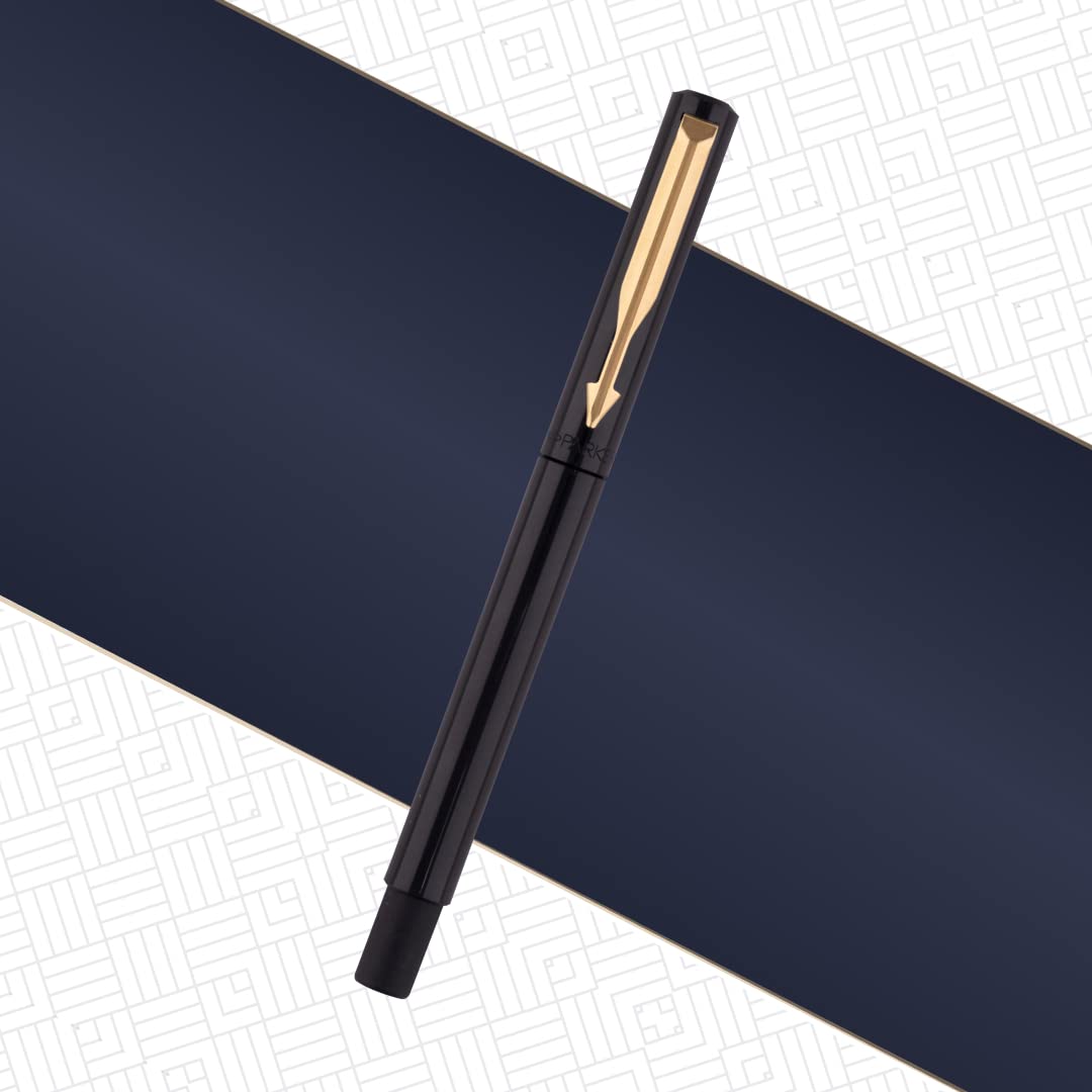 Parker Vector Standard | Roller Ball Pen | Gold Trim | Refillable (Body Colour - Black, 1 Count, Pack of 1, Ink - Blue)