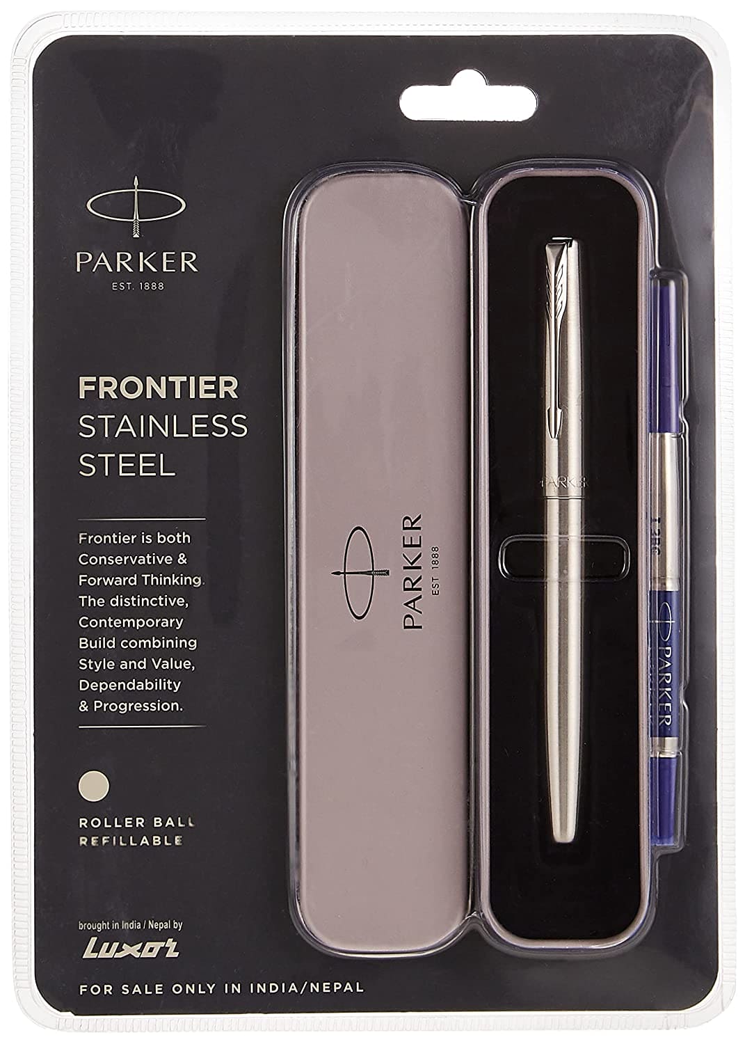 Parker Frontier Stainless Steel | Chrome Trim Roller Ball Pen | Refillable (Ink- Blue)