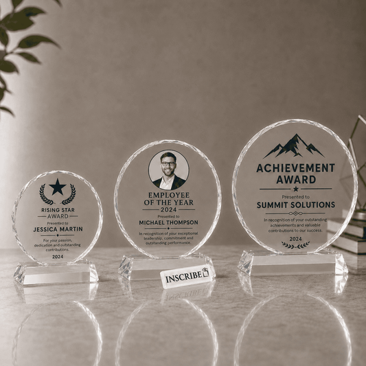 Round Bevelled Crystal Recognition and Appreciation Award Trophy Plaque