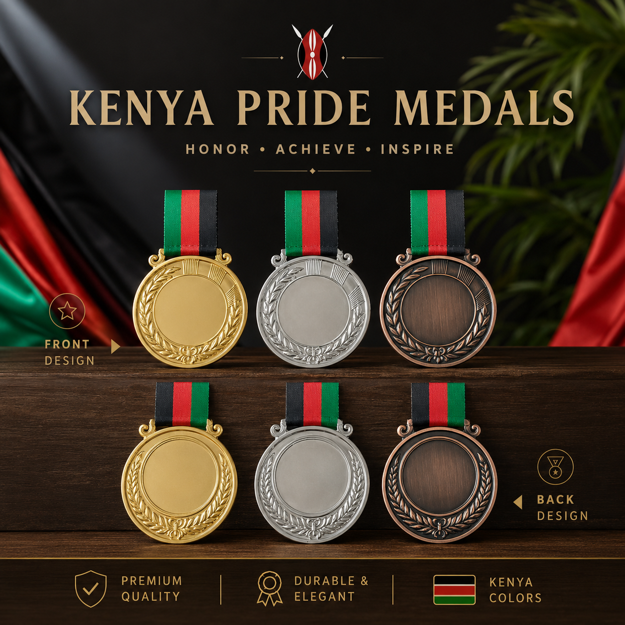 Kenya Colored Lanyard Gold / Silver / Bronze Brass Medals Personalized 6.5cm Diameter