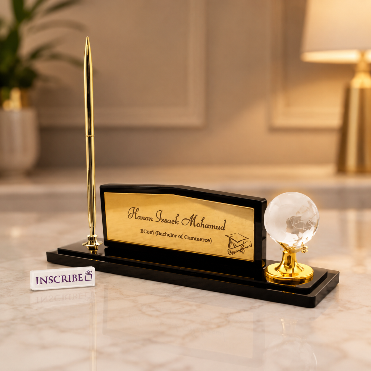Executive Desk Name Plate with Pen & Crystal Globe