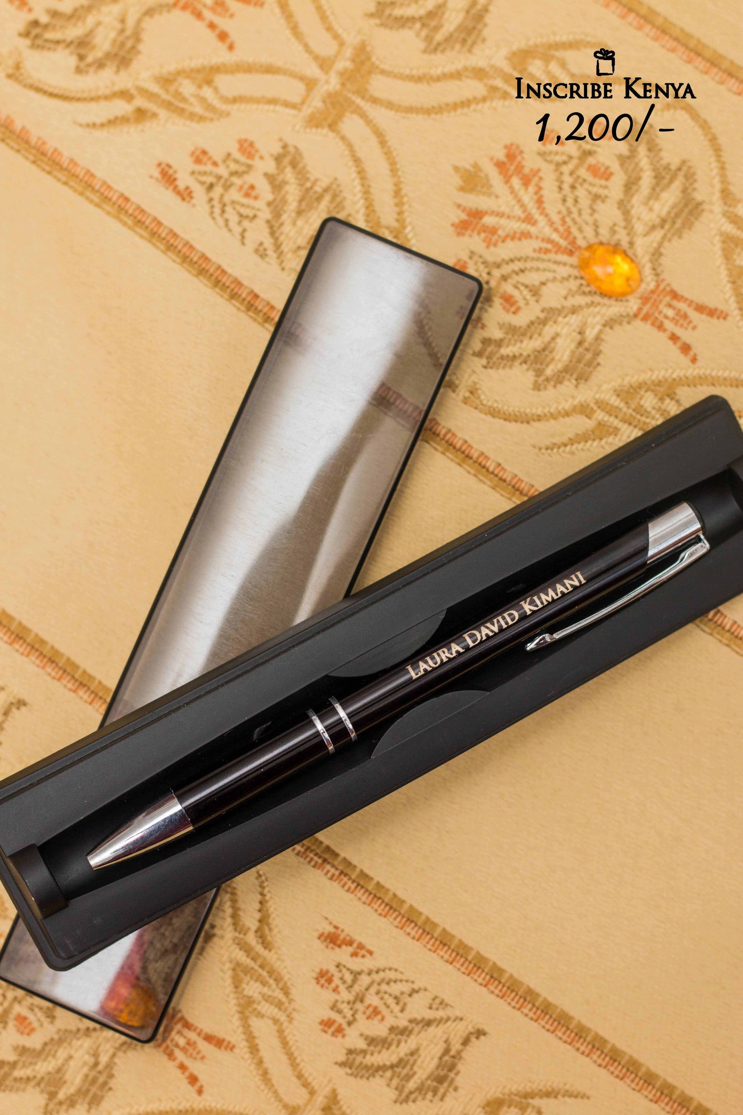 Inscribed Metallic Black ball pen with casing