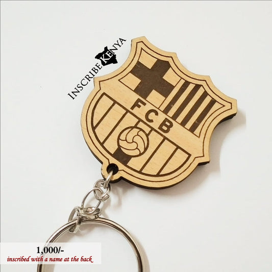 Wooden Barcelona Logo Football / Soccer Keychain