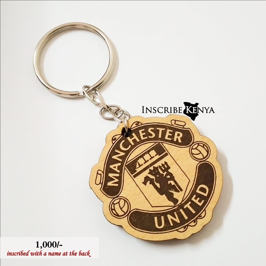 Wooden Manchester United Logo Football / Soccer Keychain